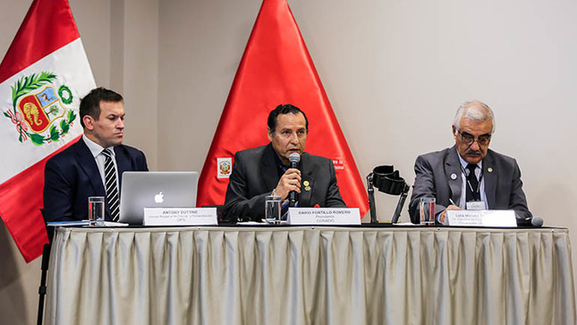 Mesa de honor: Darío Portillo Romero, Presidente del Conadis; Antony Duttine, Asesor Regional de Discapacidad y Rehabilitación de la Organización Panamericana de la Salud – OPS y Luis Miguel León García, Director Ejecutivo de la Dirección de Prevención y Control de la Discapacidad de la Dirección General de Intervenciones Estratégicas en Salud Pública del Ministerio de Salud.