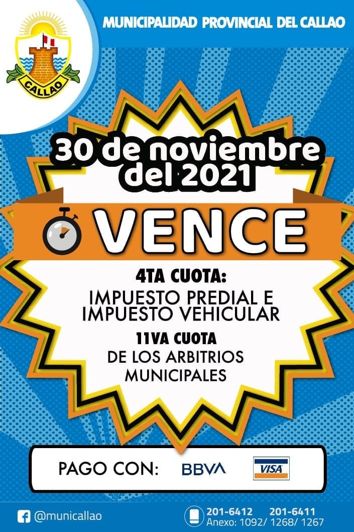 Vence la onceava cuota de los arbitrios municipales y cuarta cuota del impuesto predial y vehicular