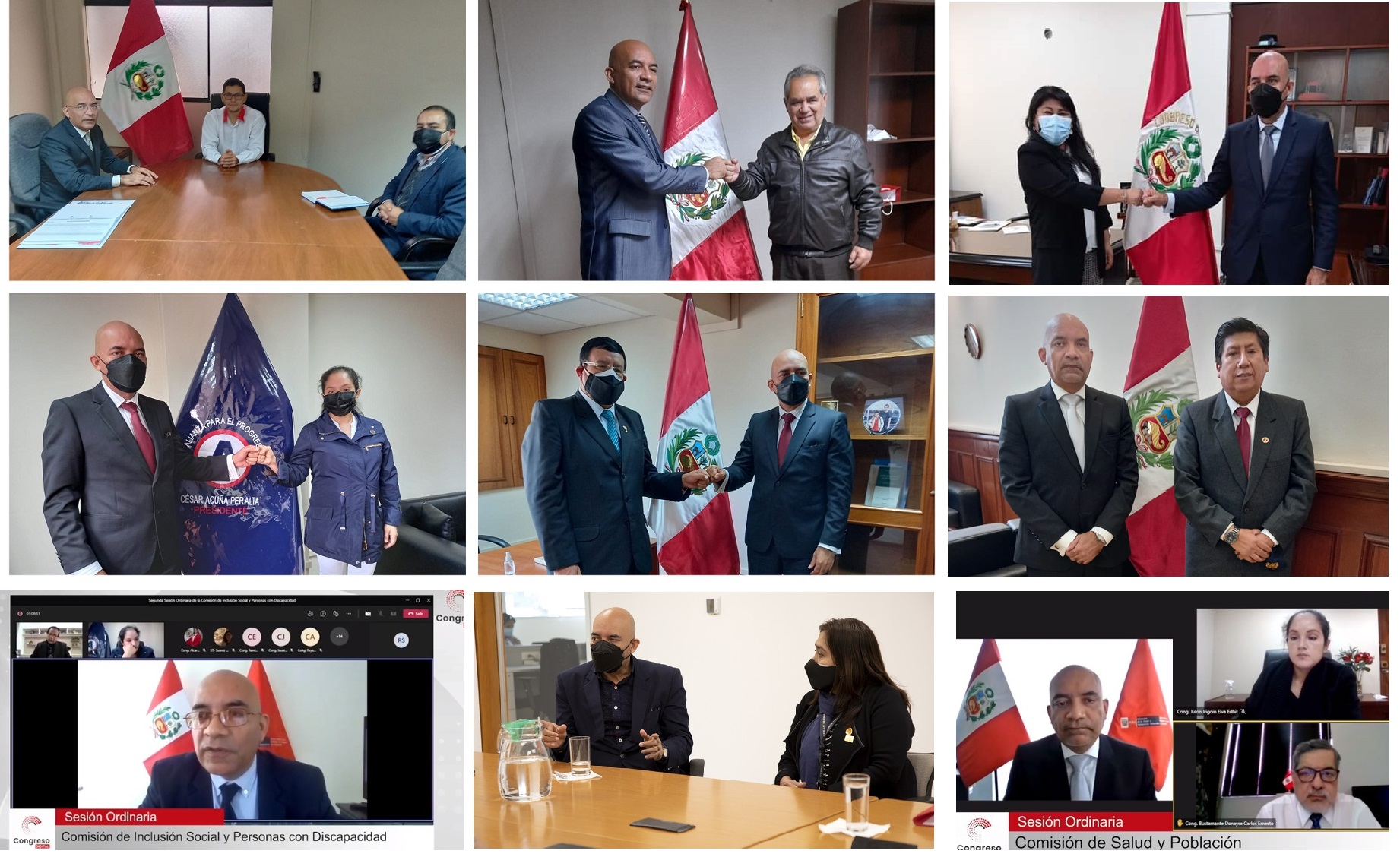 Collage de fotos de las reuniones del Pdte. del Conadis y los congresistas Abel Augusto Reyes Cam, la vice presidente de dicha comisión, congresista Hilda Marleny Portero López. De igual modo con el congresista Miguel Ciccia Vásquez, la congresista Ediht Julon Irigoin, el congresista Alejandro Soto Reyes, la congresista Patricia Rosa Chirinos Venegas, la congresista María Elizabeth Taipe y el congresista Waldemar José, Cerrón Rojas y en las comisiones de ISPCD y Salud del Congreso