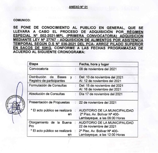 Imagen donde se visualiza el Cronograma del Proceso de Adquisición Régimen Especial Nº 002-2021-MPL (Primera Convocatoria).