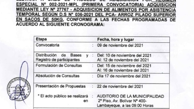 Imagen donde se visualiza el Cronograma del Proceso de Adquisición Régimen Especial Nº 002-2021-MPL (Primera Convocatoria).