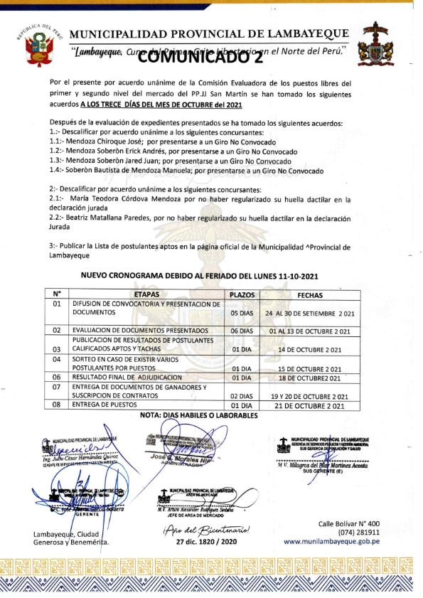 Imagen donde se tiene la relación de participantes a un Puesto del Mercado San Martin de Lambayeque, que han sido descalificados; también el cronograma reprogramado y la lista de postulantes aptos para participar por un puesto en dicho centro de abastos.