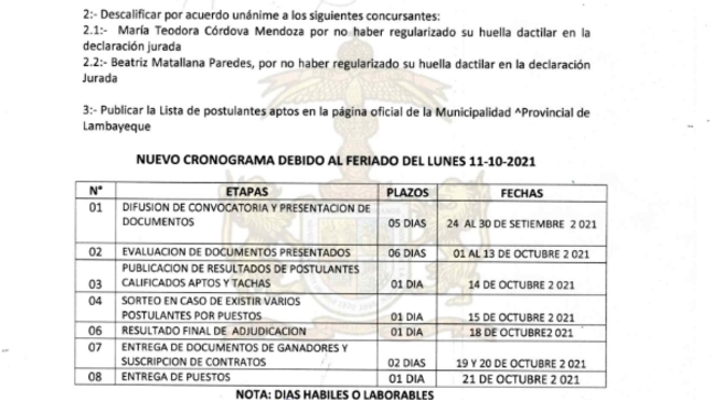 Imagen donde se tiene la relación de participantes a un Puesto del Mercado San Martin de Lambayeque, que han sido descalificados; también el cronograma reprogramado y la lista de postulantes aptos para participar por  un puesto en dicho centro de abastos.