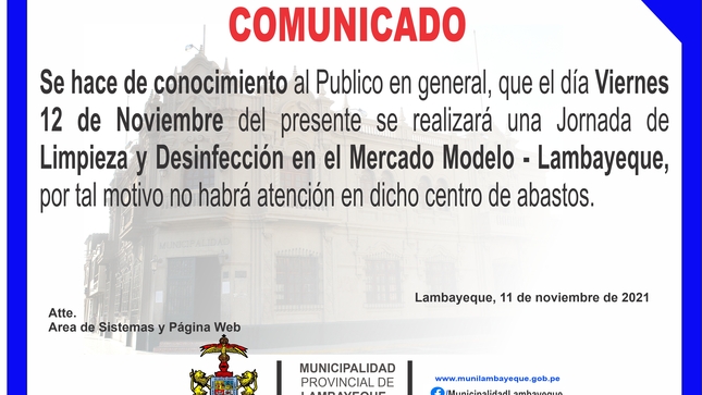 Imagen del aviso donde se indica que el día 12 de noviembre habrá jornada de limpieza y desinfección en el mercado modelo de Lambayeque.