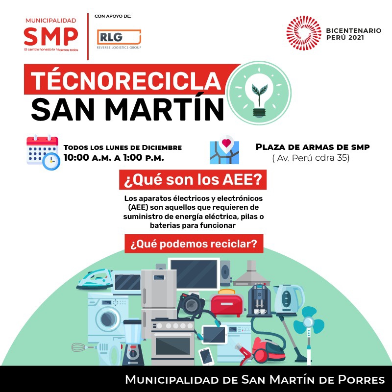  A partir del próximo lunes 06 y todos los demás lunes de diciembre TECNORECICLA SAN MARTÍN estará en nuestra Plaza de Armas.