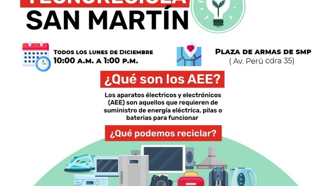  A partir del próximo lunes 06 y todos los demás lunes de diciembre TECNORECICLA SAN MARTÍN estará en nuestra Plaza de Armas.