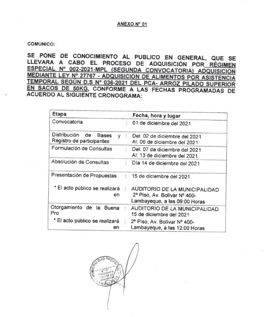 se visualiza archivo de imagen donde se establece el Cronograma del Proceso de Adquisición por Régimen Especial N° 002-2021-MPL (Segunda Convocatoria).