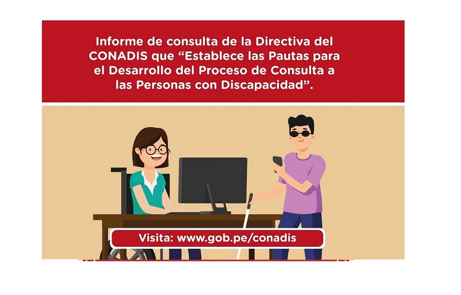 Imagen de 2 personas frente a una computadora laptop una en silla de ruedas mujer y otro hombre con bastón guía con un texto que dice Informe de consulta y de la Directiva que establece las pautas para el desarrollo de procesos de consulta a las personas con discapacidad.