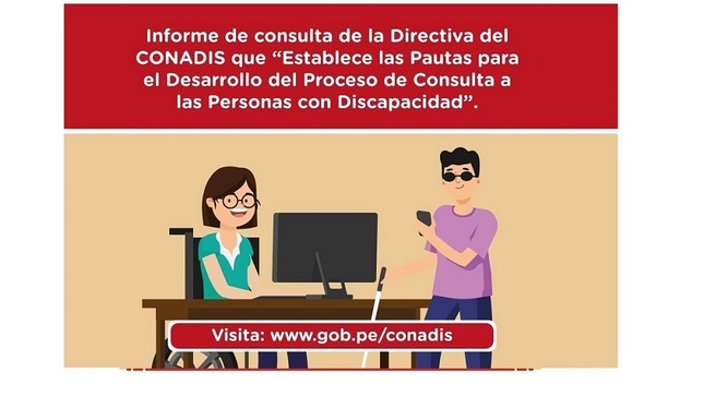 Imagen de 2 personas frente a una computadora laptop una en silla de ruedas mujer y otro hombre con bastón guía con un texto que dice Informe de consulta y de la Directiva que establece las pautas para el desarrollo de procesos de consulta a las personas con discapacidad.