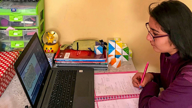 Joven universitaria estudiando frente a la computadora