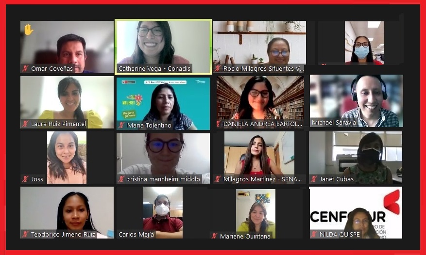 Grupo de personas recibiendo charlas a través de sistema zoom. NE el imagen se visualiza un cuadro con varias caras de los participantes.