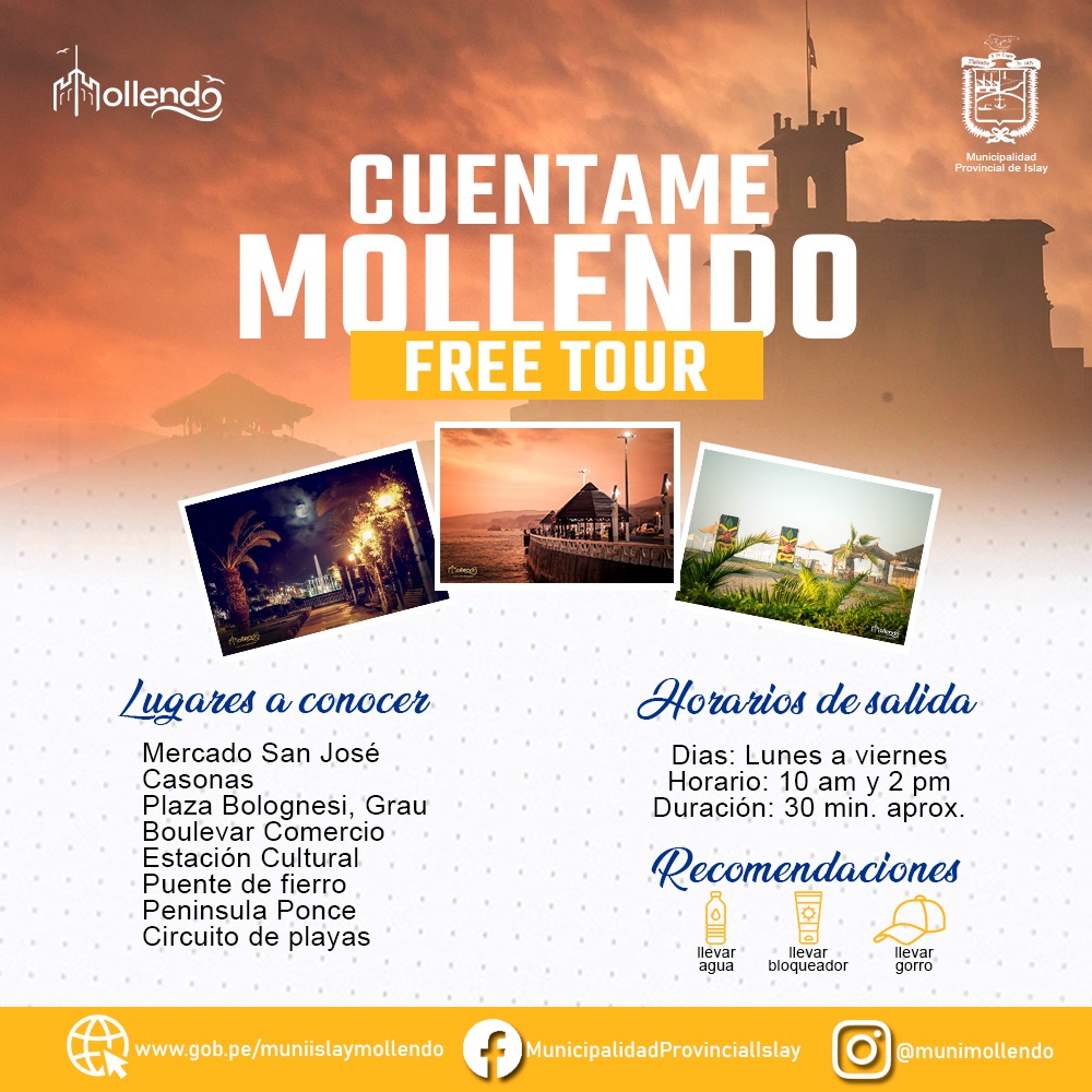 
Con la finalidad de brindar información sobre los diversos atractivos turísticos de la ciudad de Mollendo, la Municipalidad Provincial de Islay ha implementado el programa denominado “cuéntame Mollendo”, a través del cual, se va a efectuar guiados diarios, así lo dio a conocer la licenciada Prianka Delgado Vilchez asistente de la oficina de turismo.

“Los guiados son totalmente gratuitos, tanto para propios como visitantes y se efectuarán a las 10:00 de la mañana y 02:00 de la tarde; vamos a recorrer diversos lugares, brindando información sobre la plaza Grau, Plaza Bolognesi, casona, malecón Ratty, la locomotora La Mollendina, puente de fierro, el castillo Forga entre muchos otros ”, agregó Prianka Delgado.

En ese sentido, hizo llegar la cordial invitación, tanto a propios como visitantes, para conocer parte de la historia de Mollendo, a través de sus atractivos turísticos.
