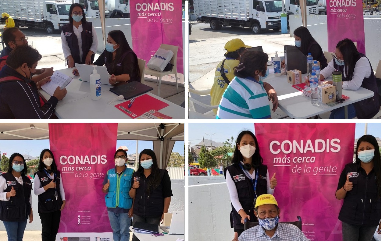 Imágenes de representantes del Conadis en la Plaza de Armas de San Juan de Miraflores en "Talento Emprendedor: Feria Inclusiva Sanjuanina".
