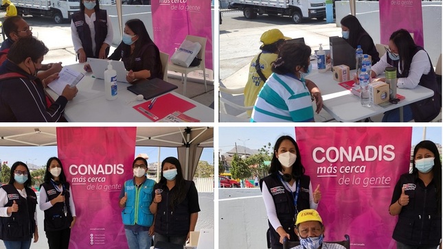 Imágenes de representantes del Conadis en la Plaza de Armas de San Juan de Miraflores en "Talento Emprendedor: Feria Inclusiva Sanjuanina". 