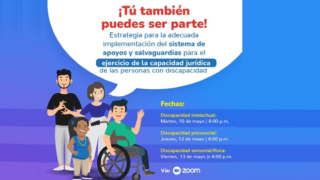 Banner de difusión  sobre la “Estrategia para la adecuada implementación del sistema de apoyos y salvaguardias para el ejercicio de la capacidad jurídica de las personas con discapacidad”.
