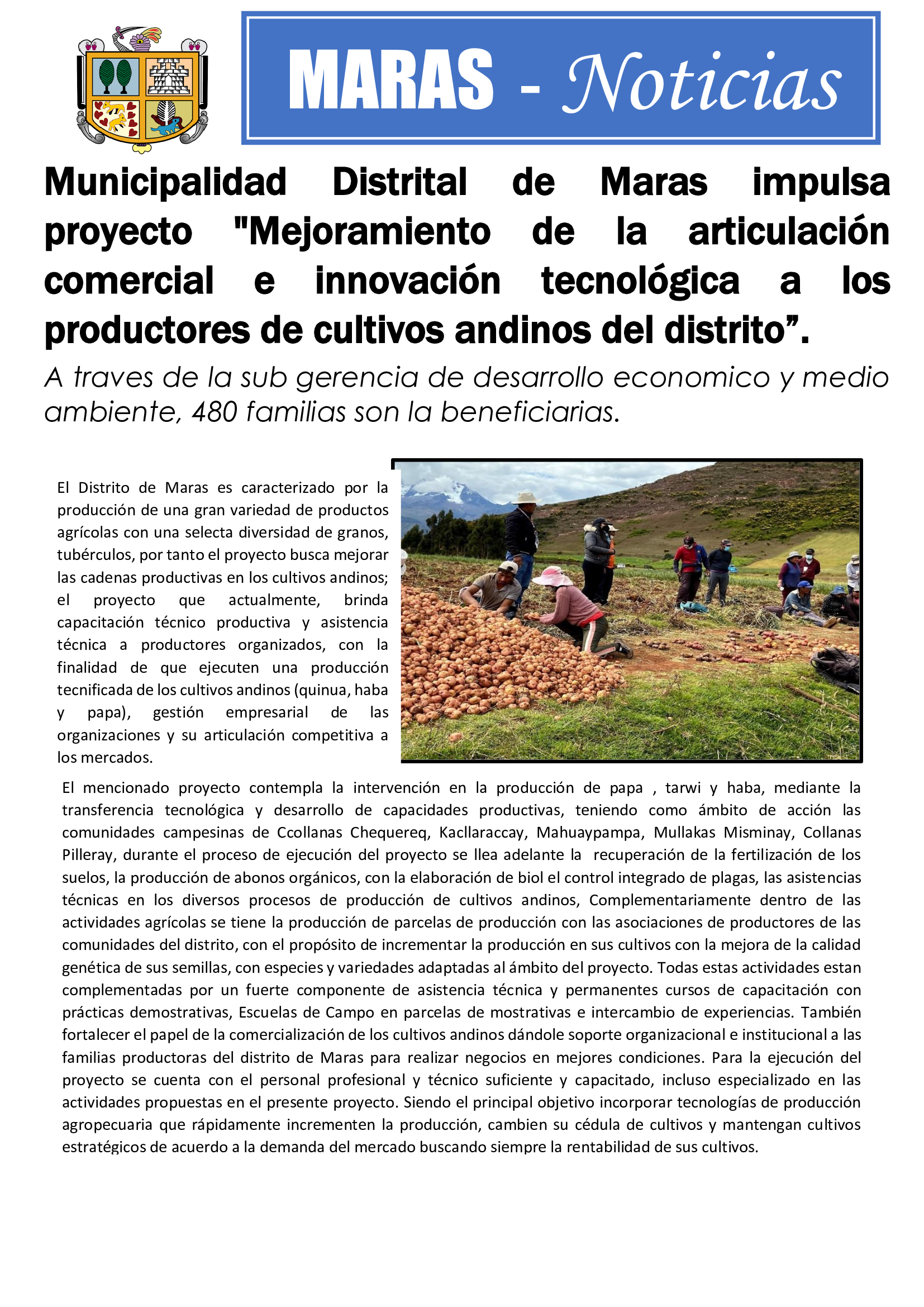 Municipalidad Distrital de Maras impulsa proyecto "Mejoramiento de la articulación comercial e innovación tecnológica a los productores de cultivos andinos del distrito”.