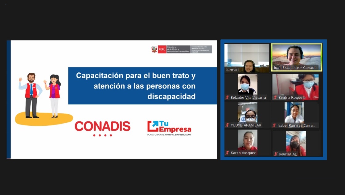 Presentación de un PPT con la exposición sobre los derechos de las personas con discapacidad y fotografías de 6 personas en una monitor de computadora que están escuchando la ponencia