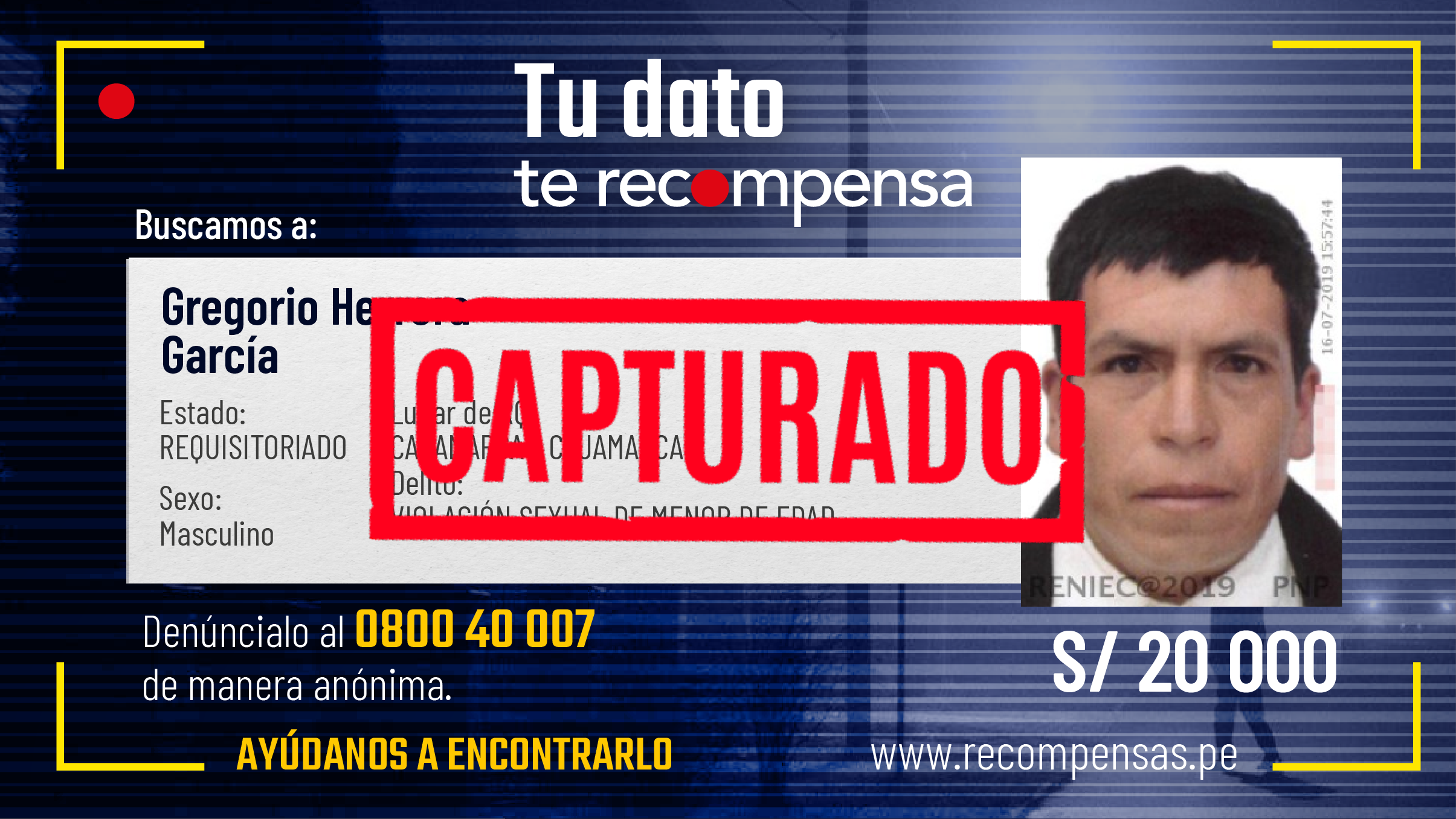 Gracias a información de un ciudadano colaborador, la Policía Nacional del Perú (PNP) capturó en el Cajamarca a un prófugo que figuraba en el Programa de Recompensas del Ministerio del Interior (Mininter), por el presunto delito de violación sexual de una menor de edad.