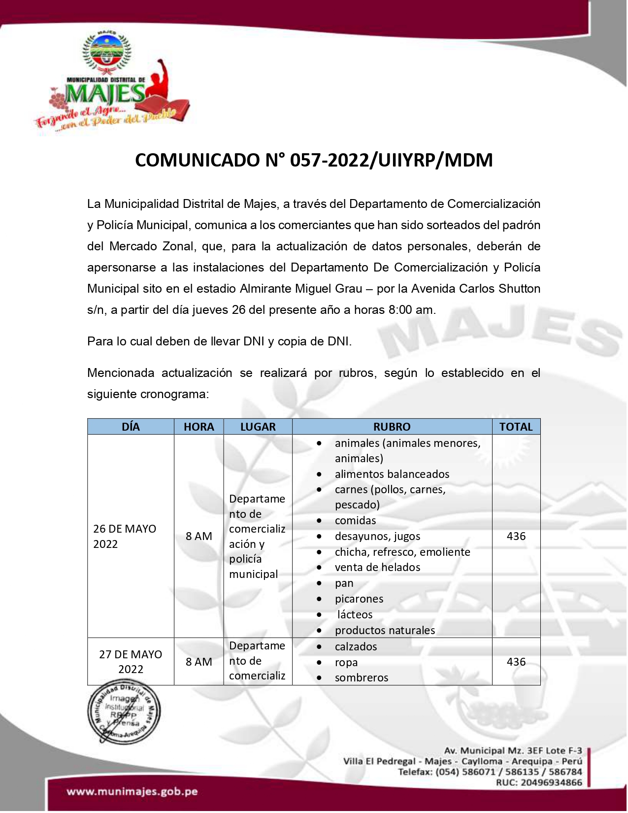 Archivo PDF Comunicado N° 057-2022/UIIYRP/MDM