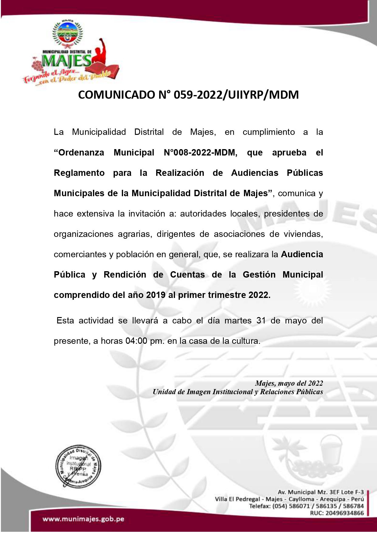 Archivo PDF Comunicado N° 059-2022/UIIYRP/MDM