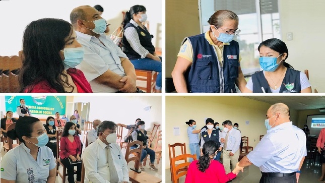 Imágenes de en collage de fotos con personas que están recibiendo una capacitación y son parte del personal del gobierno regional de Madre de Dios.