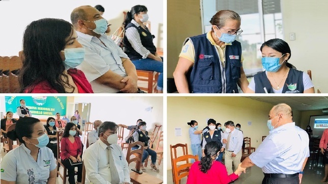Imágenes de en collage de fotos con personas que están recibiendo una capacitación y son parte del personal del gobierno regional de Madre de Dios.
