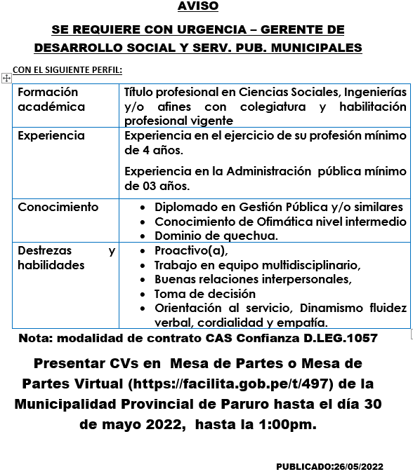 SE REQUIERE CON URGENCIA – GERENTE DE DESARROLLO SOCIAL Y SERV. PUB. MUNICIPALES