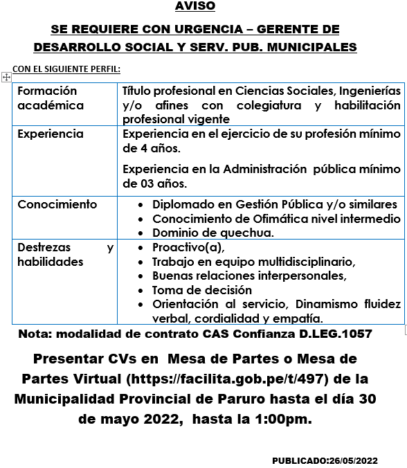 SE REQUIERE CON URGENCIA – GERENTE DE DESARROLLO SOCIAL Y SERV. PUB. MUNICIPALES 