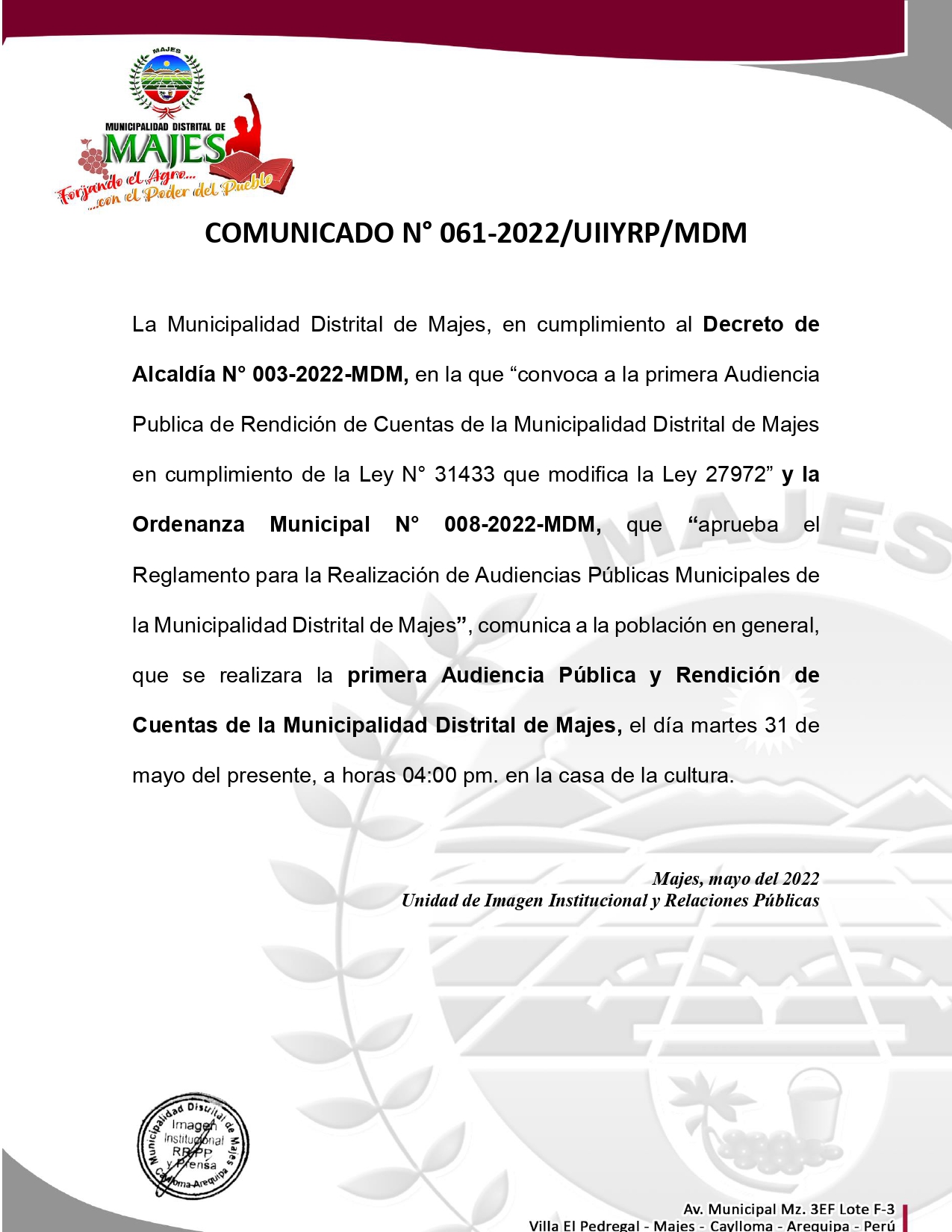 Archivo PDF del Comunicado N° 061-2022/UIIYRP/MDM