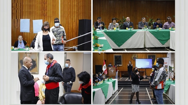Collage de imágenes del desayuno empresarial donde están el Pdte. del Conadis, Marco Antonio Gamarra y autoridades de la Oficina Municipalidad de Atención a la Persona con Discapacidad de la Municipalidad de Lince.