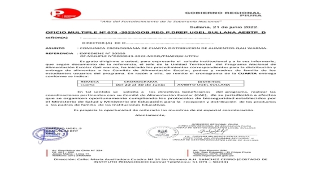 Oficio Múltiple 78-22 cronograma de entrega Qaliwarma 
