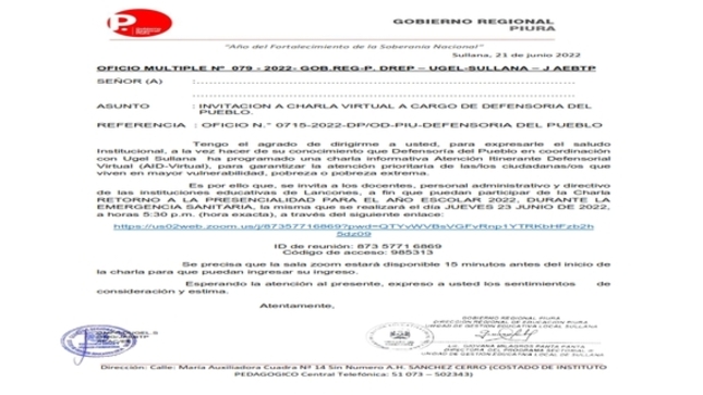 OFICIO MULTIPLE Nº 079 - 2022- GOB.REG-P. DREP – UGEL-SULLANA – J AEBTP invitación