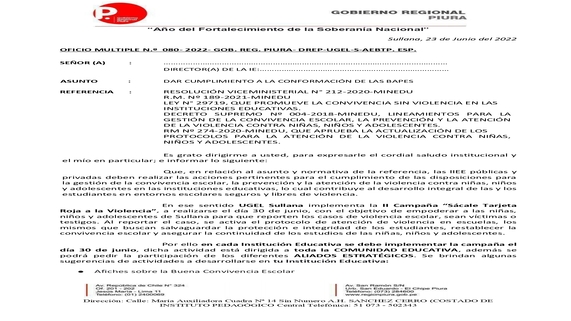 OFICIO MULTIPLE N.º 080- 2022- GOB. REG. PIURA- DREP-UGEL-S-AEBTP. ESP.