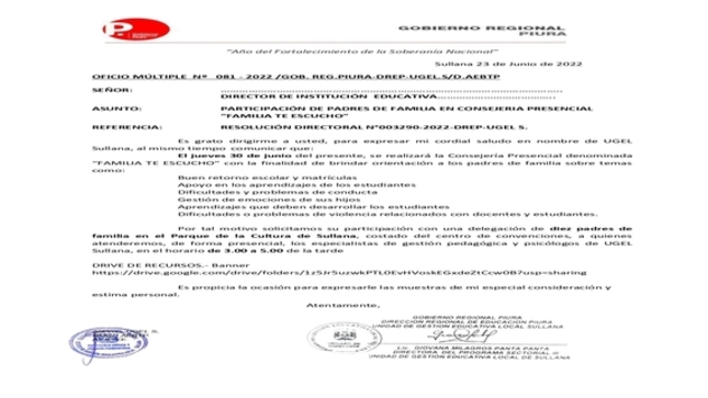 OFICIO MÚLTIPLE Nº 081 - 2022 /GOB. REG.PIURA-DREP-UGEL.S/D.AEBTP