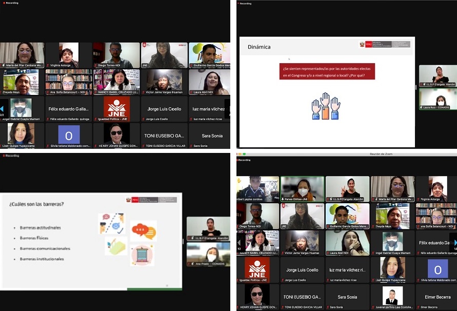 Imágenes de grupo de personas en curso virtual a todos se les ven en el zoom en las pantallas de las computadoras y también se ven a 1 ponente con su ppt exponiendo.