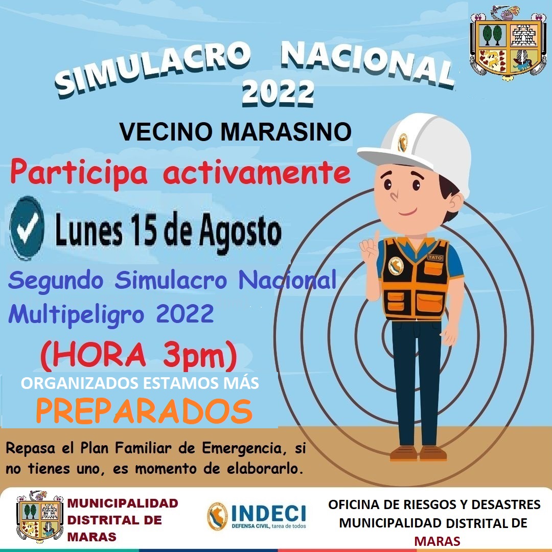 Bajo el lema “Organizados estamos más preparados”, este simulacro continuará impulsando la preparación de las familias y promoverá la preparación comunitaria. 
Conoce a continuación más detalles.
¿Cuál es el objetivo del simulacro?
El ejercicio busca fortalecer las capacidades de preparación y respuesta de las entidades integrantes del Sistema Nacional de Gestión del Riesgo de Desastres (SINAGERD) y de la población en general para responder de manera eficiente y oportuna ante el impacto de distintos peligros de origen natural o generados por la acción humana. 
¿Qué significa que sea multipeligro?
Simulacro Multipeligro quiere decir que cada departamento y provincia elige  el peligro sobre el cual practicará la respuesta. Pueden ser: sismo, sismo seguido de tsunami, lluvias intensas y sus peligros asociados, como inundación, huaico, aluvión, entre otros; deslizamiento, derrumbes, alud, alud/aluvión, bajas temperaturas, actividad volcánica, derrame de sustancias peligrosas, incendios forestales.
¿Qué conmemoramos el 15 de agosto?
Este 15 de agosto se conmemoran los 15 años de ocurrencia del sismo de 7.9 Magnitud de Momento (Mw), que ocurrió en el año 2007 y tuvo epicentro en Pisco, Ica. El ejercicio es una conmemoración a las víctimas de este desastre, para que, con preparación, la historia no se vuelva repetir. 
Recordemos que el sismo dejó un saldo de 596 fallecidos, 434 mil 614 personas damnificadas, 221 mil 60 personas afectadas y 93 mil 708 viviendas entre destruidas e inhabitables. Asimismo, se contabilizaron pérdidas millonarias en daños materiales, infraestructura educativa, de salud, transportes, agricultura y los medios de vida de la población.
