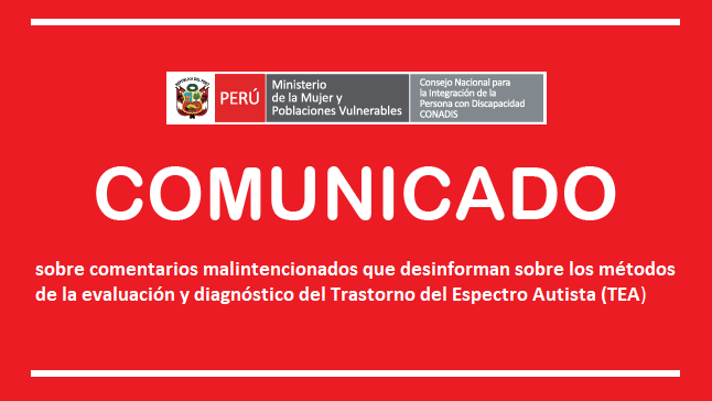 Imagen de color rojo con logos del Conadis y texto que dice : Comentarios malintencionados que desinforman sobre los métodos de la evaluación y el diagnóstico del Trastorno del Espectro Autista (TEA),