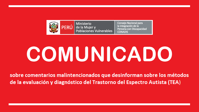 Imagen de color rojo con logos del Conadis y texto que dice : Comentarios malintencionados que desinforman sobre los métodos de la evaluación y el diagnóstico del Trastorno del Espectro Autista (TEA), 