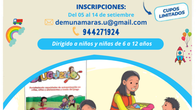 👧👦🏻¡DEMUNA MARAS A TU SERVICIO!🧩

Ya iniciamos la primera convocatoria de nuestro Programa Municipal “Juguemos con tu DEMUNA”, dirigido a niños de 6 a 12 años.

Este servicio brinda actividades lúdicas y de desarrollo emocional que promueve las capacidades de autoprotección y favorece la recuperación socioemocional de niñas, niños y adolescentes.

Inscripciones #GRATUITAS:
📩 demunamaras.u@gmail.com 
📲 944271924