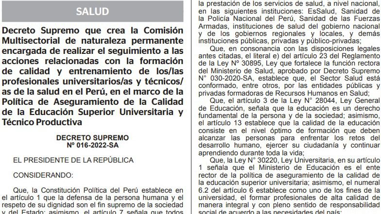 Crean Comisión Multisectorial para hacer seguimiento a la formación de profesionales universitarios y técnicos de la salud en el Perú