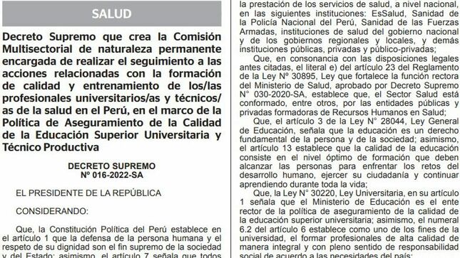 Crean Comisión Multisectorial para hacer seguimiento a la formación de profesionales universitarios y técnicos de la salud en el Perú