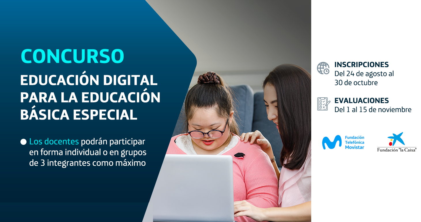 La Fundación Telefónica Movistar y Fundación ‘la Caixa’, con la participación del Consejo Nacional para la Integración de la Persona con Discapacidad (CONADIS), presentan el concurso “Educación Digital para la Educación Básica Especial” con una fotos de 2 mujeres frente a una laptop.