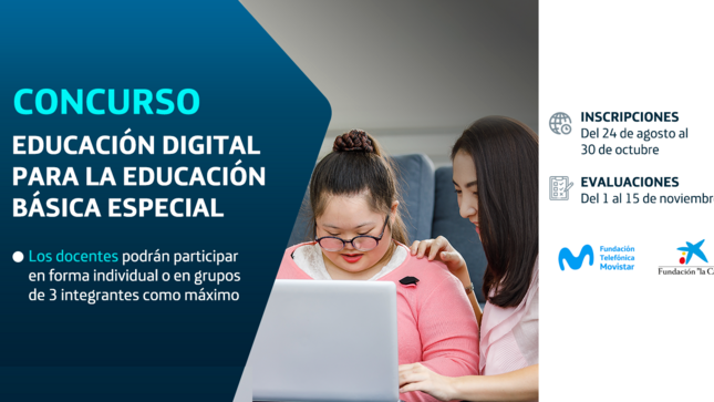 La Fundación Telefónica Movistar y Fundación ‘la Caixa’, con la participación del Consejo Nacional para la Integración de la Persona con Discapacidad (CONADIS), presentan el concurso “Educación Digital para la Educación Básica Especial”  con una fotos de 2 mujeres frente a una laptop.