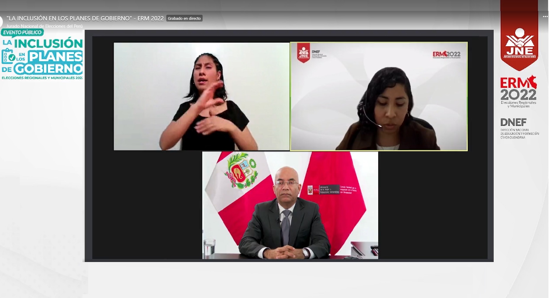 Imagen de 3 personas entre el que se encuentra el presidente del Conadis exponiendo en el evento denominado “La inclusión en los planes de gobierno” en el marco de las Elecciones Regionales y Municipales 2022 (ERM2022), organizado por el Jurado Nacional de Elecciones (JNE).