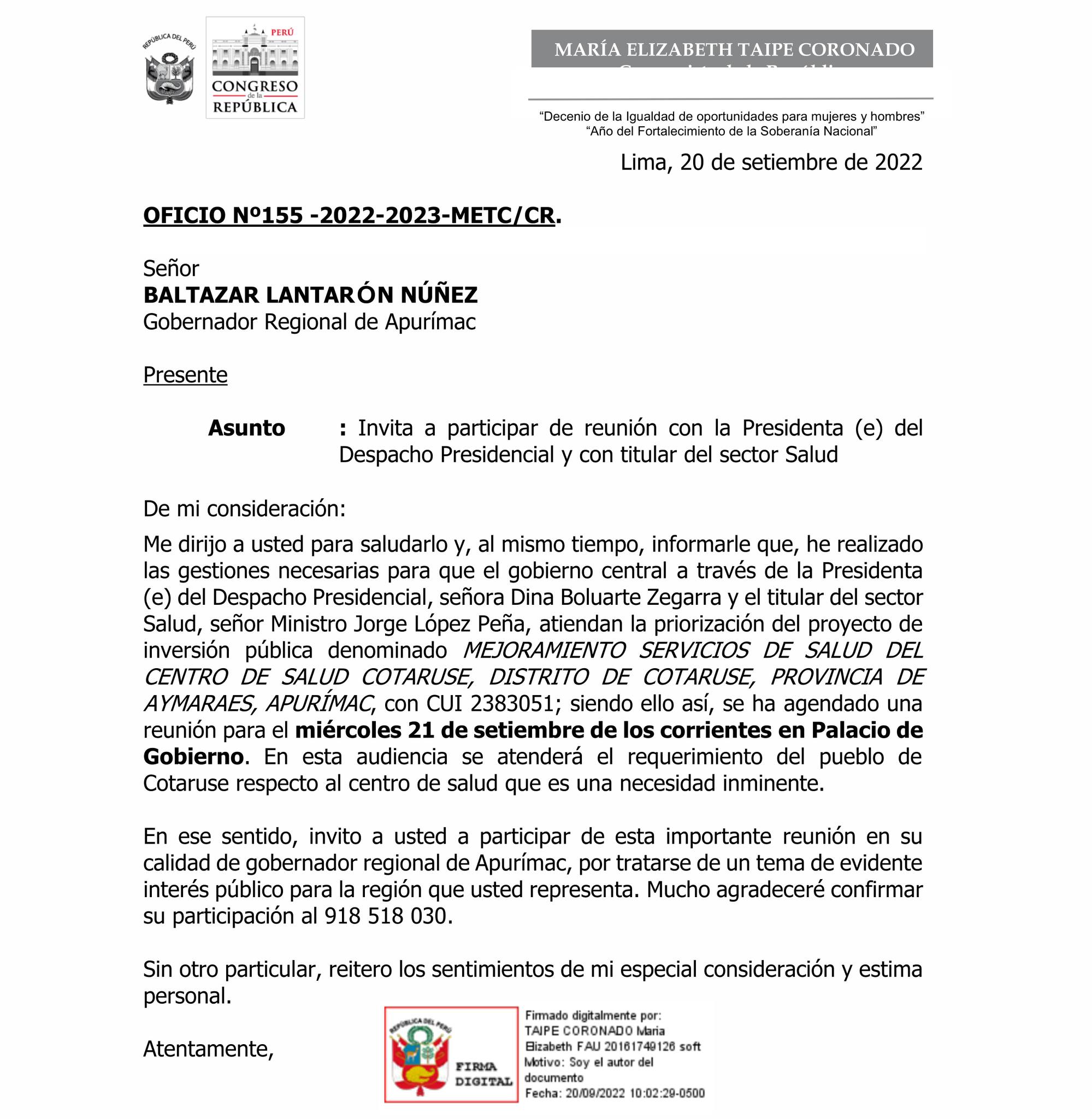 Oficio N° 155 donde invita a participar de reunion con la Presidenta del despacho Presidencial y con titular del sector Salud