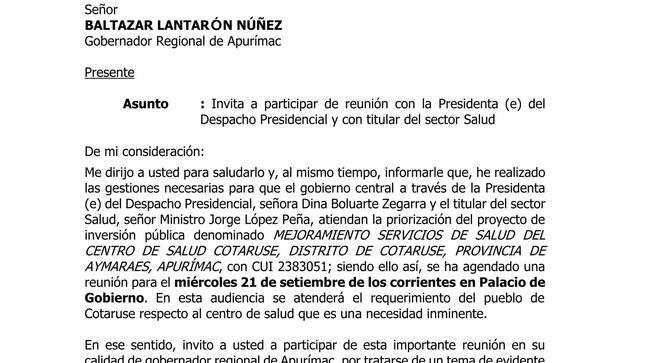 Oficio N° 155 donde invita a participar de reunion con la Presidenta del despacho Presidencial y con titular del sector Salud