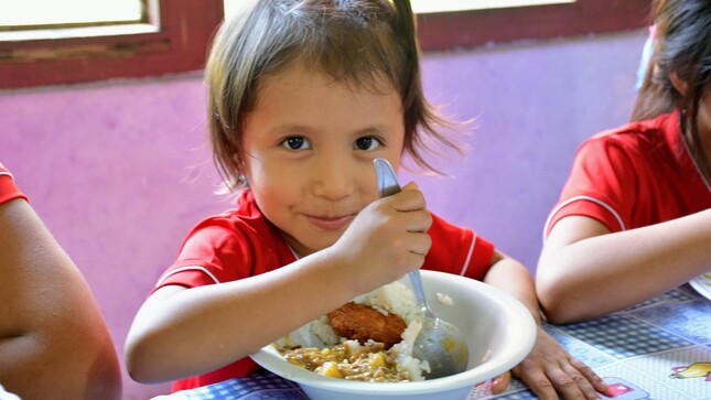 Niña de la aldea infantil consume arroz fortificado y pache en almuerzo nutritivo.