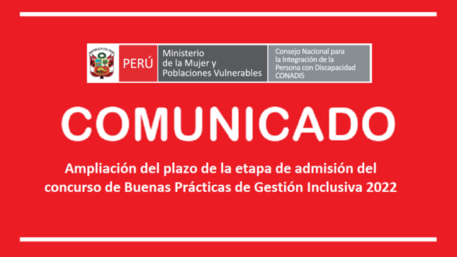 Imagen de color color rojo con texto comunicado  con texto : Comunicado sobre ampliación del plazo de la etapa de admisión del concurso de buenas prácticas de gestión inclusiva 2022 hasta el 17 de octubre.