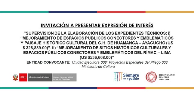 Invitan a participar en consultoría para supervisar la elaboración de los expedientes técnicos para Centros Históricos de Rímac y Huamanga