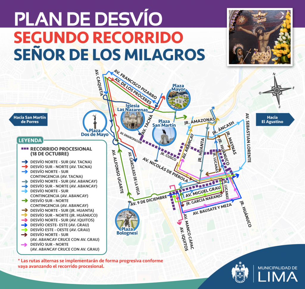 Mapa de los desvíos en calles de Lima por las procesiones del Señor de los Milagros.